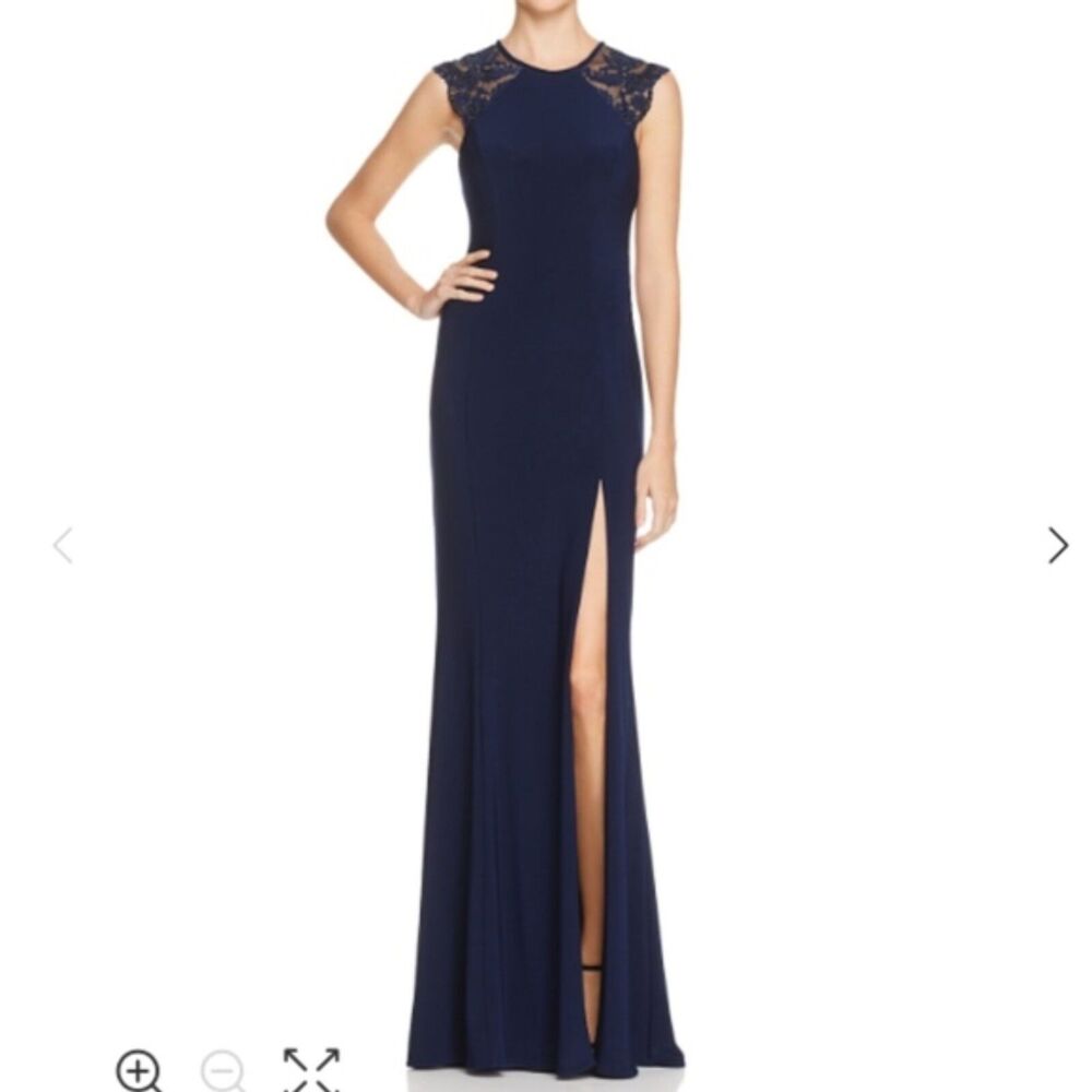 Faviana Women's Lace Shoulder Gown Size 6 Navy Blue Thigh Slit High Neck